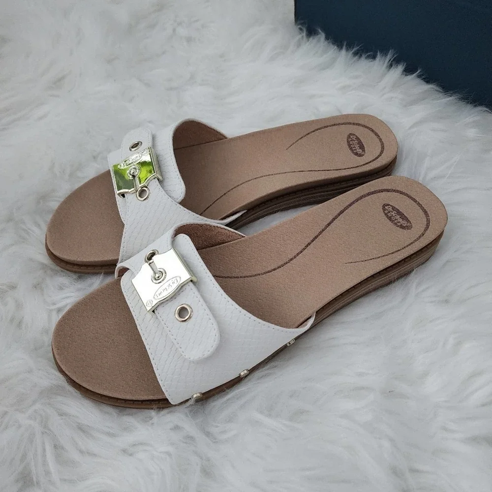 Dr. Scholl's White Buckle Slide Sandals